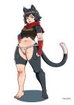  1girl :d absurdres animal_ears arm_at_side arm_guards armor artist_name bare_shoulders barefoot black_hair body_fur breasts cat_ears cat_girl cat_tail crop_top dungeon_meshi fundoshi gangtick hand_on_own_hip highres izutsumi japanese_clothes korean_commentary leather_armor looking_at_viewer mismatched_animal_ear_colors navel no_pants red_scarf scarf short_hair simple_background sleeveless slit_pupils smile standing tail white_background yellow_eyes 