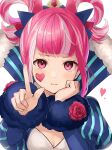  1girl breasts cleavage expressionless facial_mark fire_emblem fire_emblem_engage flower hair_rings hand_on_own_cheek hand_on_own_face haru_(nakajou-28) heart heart_facial_mark heart_on_cheek highres hortensia_(fire_emblem) looking_at_viewer multicolored_hair pink_eyes pink_hair pointing pointing_at_viewer rose simple_background small_breasts solo streaked_hair upper_body white_background white_hair 