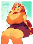 anthro anthrofied artist_name big_breasts blonde_hair bottomwear breasts chromapan cleavage clothed clothing equestria_girls equid equine female fingers green_eyes hair hasbro hi_res horn huge_breasts long_hair mammal multicolored_hair my_little_pony mythological_creature mythological_equine mythology open_mouth red_hair sitting skirt solo sunset_shimmer_(eg) tail teeth thick_thighs two_tone_hair unicorn unicorn_horn wide_hips yellow_body