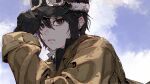  1girl absurdres androgynous black_eyes black_gloves black_hair black_headwear blue_sky brown_jacket closed_mouth cloud cloudy_sky commentary gloves goggles goggles_on_headwear hair_between_eyes hand_on_headwear highres jacket kino_(kino_no_tabi) kino_no_tabi light_frown long_sleeves looking_at_viewer portrait short_hair sky solo unrefle 