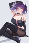  1girl arm_up armpits black_footwear black_gloves black_pantyhose boots elbow_gloves gloves highres idolmaster idolmaster_shiny_colors looking_at_viewer multicolored_hair pantyhose purple_eyes purple_hair shougun_(chuckni1) solo strapless streaked_hair tanaka_mamimi tube_top white_background 