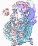  1girl :o animal_print blunt_bangs dress finger_to_own_chin frilled_dress frilled_socks frills from_above hairband hand_up highres ku_(kuooss) lolita_fashion lolita_hairband long_hair looking_at_viewer manaka_non open_mouth pink_footwear pretty_series pripara purple_eyes purple_hair rabbit_print side_ponytail simple_background sitting socks solo sweet_lolita usacha very_long_hair white_background white_dress wrist_cuffs 