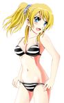  :d ayase_eli bikini bikini_pull blonde_hair blue_eyes blush breasts cleavage long_hair love_live! love_live!_school_idol_project medium_breasts navel open_mouth otoki_raku ponytail pulled_by_self scrunchie shiny shiny_skin smile solo striped striped_bikini swimsuit white_scrunchie 