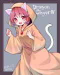  1girl animal_ears border brown_border brown_robe cat_ears cat_girl cat_tail clenched_hands commentary_request dragon_slayer_iv_drasle_family fang gem grey_background hood hood_up jewelry mayu_(dragon_slayer) necklace open_mouth outside_border red_eyes red_gemstone red_hair robe saburouta_(hox-666) short_hair tail tongue white_fur 
