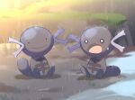  :o absurdres animal_focus black_eyes blurry blurry_background closed_mouth commentary_request dark_skin highres korean_commentary no_humans o_o open_mouth outdoors paldean_wooper pokemon pokemon_(creature) rain sitting smile solid_circle_eyes stellaofastra sweat tail 