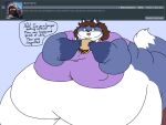 2018 4:3 4_fingers anthro ask_blog batspid2 belly big_belly big_breasts black_eyebrows black_eyelashes black_eyes blue_background blue_body blue_fur bottomwear breasts brown_bottomwear brown_clothing brown_hair burger canid canine chloe_(batspid2) clothing dialogue digital_drawing_(artwork) digital_media_(artwork) double_chin english_text exclamation eyebrow_through_hair eyebrows female fingers flabby_arms flat_colors food fox front_view fur glistening glistening_eyes gloves_(marking) hair holding_food holding_object huge_breasts hyper hyper_belly looking_at_food looking_at_object love_handles mammal markings morbidly_obese morbidly_obese_anthro morbidly_obese_female multicolored_body multicolored_fur navel nipple_outline obese obese_anthro obese_female open_mouth overweight overweight_anthro overweight_female pink_tongue purple_clothing purple_topwear question shirt simple_background solo tail tail_markings tail_tuft text three-quarter_view tongue topwear translucent translucent_hair tuft white_body white_fur