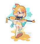  1boy blonde_hair blue_jacket brown_hair closed_mouth commentary english_commentary freckles gun highres holding holding_gun holding_weapon inkling_boy inkling_player_character jacket looking_ahead medium_hair paint pointy_ears ponytail radsakee running scope shorts solo splat_charger_(splatoon) splatoon_(series) splatoon_3 star_(symbol) tentacle_hair thick_eyebrows v-shaped_eyebrows watermark weapon white_background yellow_shorts 