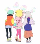  3girls arm_up blonde_hair blue_shorts boots brown_footwear commentary_request facing_away from_behind full_body fur-trimmed_boots fur_trim green_footwear green_hair grey_hair grey_skirt hood hood_down idol_time_pripara jacket koda_michiru long_hair long_sleeves low_twintails machico_maki multiple_girls nijiiro_nino orange_jacket orange_skirt pantyhose pink_jacket pink_pantyhose pleated_skirt pretty_series pripara purple_jacket rice_cooker ringlets short_hair shorts simple_background skirt smile standing takki_(pripara) twintails two_side_up white_background winter_clothes yumekawa_yui 