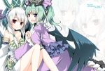 aqua_hair astaroth_(p&amp;d) bare_shoulders ceres_(p&amp;d) crescent detached_sleeves dress evil_ceres_(p&amp;d) interlocked_fingers long_hair multiple_girls open_mouth pink_eyes ponytail purple_dress purple_eyes puzzle_&amp;_dragons reina_(black_spider) silver_hair smile wings zoom_layer 