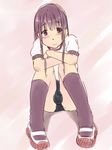  blush brown_legwear bulge buruma commentary_request crossdressing dutch_angle full_body head_tilt kneehighs long_hair looking_at_viewer male_focus mary_janes original pink_background purple purple_eyes purple_hair shirt shoes simple_background sitting smile solo uwabaki wachiwo white_shirt 