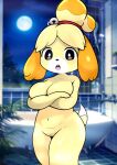absurd_res animal_crossing anthro bathroom bathtub bell black_eyes breasts canid canine canis covering covering_breasts domestic_dog featureless_crotch female furry_funnychan hi_res isabelle_(animal_crossing) mammal night nintendo open_mouth shih_tzu solo tail tongue toy_dog