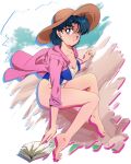  1girl absurdres animal_ears barefoot bishoujo_senshi_sailor_moon blue_hair blue_one-piece_swimsuit book breasts feet fritz_willie full_body hat highres legs mizuno_ami official_alternate_costume one-piece_swimsuit short_hair solo swimsuit 