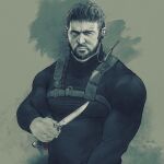  1boy bara chris_redfield closed_mouth facial_hair highres holding holding_knife holding_weapon instagram_username knife large_pectorals male_focus monochrome muscular muscular_male pants pectorals resident_evil resident_evil_village shirt short_hair solo upper_body weapon weibo_username youngyee_art 