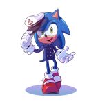  1boy angiethecat animal_ears blue_jacket furry furry_male gloves green_eyes hat highres jacket looking_at_viewer open_mouth red_footwear shoes simple_background solo sonic_(series) sonic_the_hedgehog the_murder_of_sonic_the_hedgehog white_background white_gloves white_headwear 