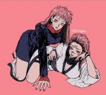  2girls arm_tattoo black_nails blue_shirt brown_eyes commentary_request extra_eyes facial_tattoo full_body genderswap genderswap_(mtf) itadori_yuuji japanese_clothes jujutsu_kaisen kimono long_hair looking_at_viewer multiple_girls pink_background pink_hair red_eyes rose_00291 ryoumen_sukuna_(jujutsu_kaisen) shirt signature simple_background tagme tattoo white_kimono 