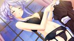  blue_hair blush bra dressing game_cg garter_belt maki_yahiro melody_fork nosferatu_no_omocha panties thighhighs underwear 