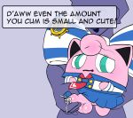 anon balls bodily_fluids bottomwear bow_ribbon clothed clothing cum dizzytizzy duo ejaculation embarrassed english_text generation_1_pokemon genital_fluids genitals girly head_tuft hi_res human jigglypuff male mammal nintendo partially_clothed penis pink_body pokemon pokemon_(species) skirt small_balls small_penis text tuft waddling_head