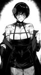  1girl absurdres bare_shoulders breasts cleavage coat cosplay cowboy_shot dress glasses greyscale hairband highres jujutsu_kaisen large_breasts long_sleeves monochrome off_shoulder open_clothes open_coat pencil_dress round_eyewear scar scar_on_arm scar_on_face scar_on_leg short_hair solo spy_x_family standing yor_briar yor_briar_(cosplay) zen&#039;in_maki zovokia 