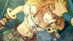  ;d atelier_(series) atelier_ayesha belt blonde_hair breasts brown_eyes cleavage dutch_angle fingerless_gloves game_cg gloves gradient_hair green_skirt hand_on_another's_head hidari_(left_side) highres long_hair medium_breasts midriff multicolored_hair navel official_art one_eye_closed open_mouth orange_hair pleated_skirt pov regina_curtis skirt smile solo_focus strapless tubetop 