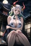  architecture artist_logo breasts cleavage cloud earrings east_asian_architecture full_moon green_hair highres horns jemma_(iajemma) jewelry knees large_breasts moon night night_sky one_piece orange_eyes sky thighs white_hair yamato_(one_piece) 