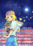  american_flag blonde_hair blue_eyes gyro_zeppeli hat hikoc horseshoe johnny_joestar jojo_no_kimyou_na_bouken male_focus solo steel_ball_run stuffed_animal stuffed_toy teddy_bear younger 