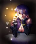  1girl arm_on_table blue_eyes blue_hair breasts cleavage cocktail_glass cup drinking_glass fingerless_gloves fire fire_emblem fire_emblem:_the_blazing_blade gloves hand_on_own_chin looking_at_viewer lowres martini purple_lips see-through short_hair snowflakes solo ursula_(fire_emblem) usachu_now 