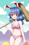  1girl alternate_costume ambiguous_red_liquid animal_ears bikini blue_hair blush breasts cleavage clothes_writing cloud commentary_request earclip highres holding holding_mallet kine long_hair looking_at_viewer mallet midriff mountain mountainous_horizon open_mouth pink_bikini rabbit_ears red_eyes ruu_(tksymkw) seiran_(touhou) sky smile solo sweat swimsuit touhou 