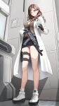  1girl absurdres assault_rifle between_breasts black_skirt blush breasts brown_eyes brown_gloves brown_hair brown_shirt coat commentary_request commission cup full_body gibun_(sozoshu) glasses gloves gun highres holding holding_cup holding_gun holding_weapon holster lab_coat long_hair long_sleeves looking_at_viewer medium_breasts open_mouth original panties pink_panties pixiv_commission rifle round_eyewear shirt skirt solo standing starbucks strap_between_breasts thigh_holster thighs underwear weapon white_coat white_footwear 
