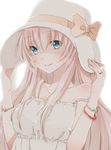 blue_eyes bow hands_on_headwear hat hiro_(hirohiro31) jewelry long_hair looking_at_viewer megurine_luka pink_hair ring smile solo strap_slip vocaloid 
