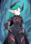  1girl aqua_hair black_bodysuit bodysuit breasts closed_mouth covered_navel cowboy_shot dragon_quest dragon_quest_x elf elf_(dq10) eyelashes highres horns legs_apart long_hair muramasa_mikado parted_bangs pointy_ears red_eyes small_breasts smile solo standing waist_cape 