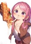  +_+ 1girl blush eating eyelid_piercing food fur_jacket highres holding holding_food holding_pizza jacket jewelry_bonney lipstick long_hair makeup one_piece piercing pink_hair pizza pizza_slice purple_eyes ryota_(ry_o_ta) shorts simple_background solo white_background 