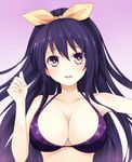  bad_id bad_pixiv_id bikini_top blush bow breasts cleavage collarbone date_a_live gradient gradient_background hair_bow hair_ribbon head_tilt large_breasts long_hair looking_at_viewer open_mouth purple_eyes purple_swimsuit qiuzhi_huiyi ribbon solo swimsuit upper_body very_long_hair yatogami_tooka yellow_bow yellow_ribbon 