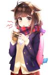  1girl :3 animal_ear_fluff animal_ears bangs brown_eyes brown_hair cat_ears cat_tail commentary_request cup disposable_cup ears_down eyebrows_visible_through_hair highres holding holding_cup jacket keychain long_sleeves looking_at_viewer medium_hair omelet_tomato original paw_print pink_backpack plaid plaid_skirt purple_jacket red_scarf red_skirt scarf school_uniform shirt sidelocks simple_background skirt solo standing sweater tail tearing_up tongue tongue_out upper_body white_background white_shirt yellow_sweater 