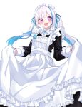  1girl :d alternate_costume apron black_shirt blue_hair blush brooch collared_shirt cowboy_shot dot_nose enmaided floating_hair frilled_apron frilled_skirt frills highres hoshino_reiji jewelry lize_helesta long_bangs long_hair long_skirt long_sleeves looking_at_viewer maid maid_headdress multicolored_hair name_tag neck_ribbon nijisanji open_mouth purple_eyes ribbon shirt sidelocks simple_background skirt skirt_hold smile solo teeth twintails two-tone_hair upper_teeth_only virtual_youtuber white_apron white_background white_hair white_ribbon white_skirt 