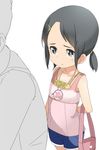  1girl bag black_eyes black_hair child hair_ornament hairclip original ponytail short_hair shorts tamakorogashi 