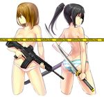  ass assault_rifle black_hair breasts brown_hair censored cowboy_shot cropped_legs gun heckler_&amp;_koch hk416 katana long_hair m4_carbine medium_breasts multiple_girls original panties ponytail reverse_grip rifle sheath shirousagi_uyu short_hair simple_background striped striped_panties sword topless trigger_discipline underwear weapon white_background 