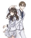  1boy 1girl absurdres blazer blue_bow blue_bowtie blue_necktie bow bowtie brown_eyes brown_hair buttons curly_hair double-breasted enjou_shuusuke grey_shirt hair_tie hand_in_pocket hand_on_another&#039;s_head highres jacket kenkyo_kenjitsu_wo_motto_ni_ikite_orimasu kisshouin_reika light_smile looking_at_another looking_at_viewer necktie pants pleated_skirt red_tie shirt simple_background skirt uma_(zoe-182420) white_background white_blazer white_pants white_skirt 