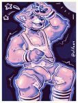 adastra adastra_(series) amicus_(adastra) anthro athletic_wear belly bodily_fluids bottomwear bulge canid canine canis clothed clothing clothing_lift echo_project fangs glistening glistening_body grin grinning_at_viewer gym_bottomwear gym_shorts halftone hi_res male mammal muscular muscular_male olifawn one_eye_closed pawpads paws pecs shirt shirt_lift shorts slightly_chubby smile solo sweat sweatdrop tank_top teeth topwear wink wolf wristband
