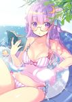  bespectacled bikini book bun_cover crescent crescent_hair_ornament double_bun glasses hair_ornament long_hair minamura_haruki partially_submerged patchouli_knowledge purple_eyes purple_hair reading reclining rubber_duck sketch solo sparkle striped swimsuit touhou vertical-striped_bikini vertical_stripes wading_pool water 