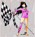  1girl ankle_ribbon barefoot black_hair brown_eyes bubble_blowing checkered_flag chewing_gum commentary_request fate/grand_order fate_(series) flag full_body fur-trimmed_hood fur-trimmed_legwear fur_trim highres holding holding_flag hood ishtar_(fate) ishtar_(swimsuit_rider)_(fate) jacket leg_ribbon long_hair looking_at_viewer minakuchi_takashi pink_jacket pink_thighhighs ribbon single_thighhigh solo swimsuit swimsuit_under_clothes thighhighs 