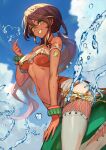  1girl andromeda_(fate) andromeda_(second_acension)_(fate) bare_shoulders beach bikini braid breasts brown_hair cleavage dark-skinned_female dark_skin fate/grand_order fate_(series) finger_heart green_eyes grin hair_between_eyes hair_ornament heart highres lack large_breasts long_hair looking_at_viewer smile solo swimsuit water 