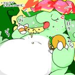 anthro ardest belly blush burger dinossom eating elemental_creature flora_fauna flower food green_body green_scales japanese_text low_res overweight pal_(species) palworld pizza plant pocketpair scales solo text