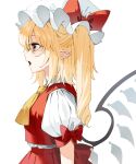  1girl arm_at_side ascot blonde_hair bow commentary crystal eyelashes fang flandre_scarlet from_side gotou_(nekocat) hair_between_eyes hat hat_bow highres medium_hair mob_cap open_mouth pointy_ears profile puffy_short_sleeves puffy_sleeves red_bow red_eyes red_vest shirt short_sleeves side_ponytail simple_background sleeve_bow solo touhou tsurime upper_body vest white_background white_headwear white_shirt wings yellow_ascot 