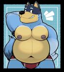 2024 anthro areola armpit_hair australian_cattle_dog bandit_heeler belly big_belly big_moobs black_border blue_background bluey_(series) body_hair border bulge calzone_(artist) canid canine canis cattledog clothed clothing domestic_dog emanata eyebrows front_view fur hand_behind_head hand_on_hip herding_dog hi_res looking_at_viewer male mammal moobs navel nipple_piercing nipples overweight overweight_anthro overweight_male pastoral_dog piercing simple_background smile solo standing teeth thick_thighs topless topless_anthro topless_male tuft underwear underwear_only