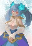  1girl absurdres blue_flower blue_hair blue_shirt blue_skirt breasts detached_sleeves fang fingernails flower hair_between_eyes hair_flower hair_ornament highres long_hair long_sleeves lyleen_noct medium_breasts midriff open_mouth own_hands_together palworld papaba personification red_eyes shirt skin_fang skirt sleeves_past_wrists solo twintails white_shirt white_sleeves 