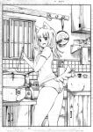  1girl animal_ears blunt_bangs breasts buruma cooking dog_ears dog_girl from_side full_body futoku_no_guild greyscale gym_uniform hitamu_kyan ladle large_breasts magyo monochrome open_mouth plate raccoon_ears smile solo tail tasting_plate thighs 