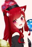  1girl animal_ear_fluff animal_ears bare_shoulders cat_ears cat_girl earth_(ornament) hecatia_lapislazuli highres long_hair moon_(ornament) open_mouth red_eyes red_hair shinonome_asu simple_background smile solo touhou underworld_(ornament) white_background 