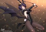  1girl adsouto ahoge animal_ears black_hair breasts covered_navel demon_wings fake_animal_ears fake_tail forward_facing_horns glowing glowing_eyes hand_on_own_face heart heart_ahoge highres hiiragi_utena holding_riding_crop large_breasts leotard looking_at_viewer low_wings magia_baiser mahou_shoujo_ni_akogarete pantyhose playboy_bunny rabbit_ears rabbit_tail riding_crop shrug_(clothing) signature solo strapless strapless_leotard tail tongue tongue_out wings yellow_eyes 