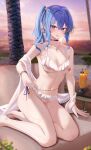  1girl alternate_costume arm_support bare_shoulders barefoot bikini blue_eyes blue_hair blue_nails blurry blurry_background blush bracelet breasts closed_mouth commentary_request criss-cross_halter cup depth_of_field drinking_glass feet foot_out_of_frame frilled_bikini frills halterneck highres hololive horizon hoshimachi_suisei jewelry juice legs looking_at_viewer nail_polish navel nipples ocean orange_juice outdoors palm_tree round_table ru_zhai shawl side-tie_bikini_bottom side_ponytail sitting small_breasts solo sparkle stomach swimsuit table thighs toenail_polish toenails toes tree virtual_youtuber wet white_shawl yokozuwari 