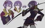  &gt;_&lt; 1girl ? ?? arrow_(projectile) artist_name belt bernadetta_von_varley bike_shorts bow bow_(weapon) chibi earrings embarrassed fire_emblem fire_emblem:_three_houses from_behind gloves hair_bow headpat holding holding_arrow holding_bow_(weapon) holding_weapon jewelry l0gman looking_afar looking_at_viewer multiple_views open_mouth purple_eyes purple_hair short_hair simple_background standing upper_body watermark weapon white_background wide_sleeves 